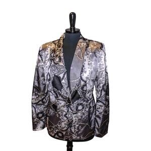 Kasper Blazer Jacket Print Black Silver White Satin Polyester Size 8